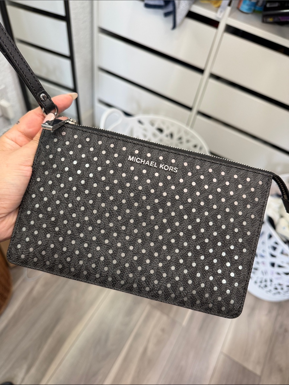 MICHAEL KORS Black Wristlet with Silver Polka Dots